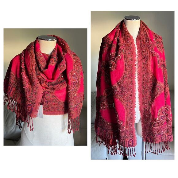 NEW Heirloom Anna Pashmina Shawl Pure Wool Beaded Sequined Embroidered Dark Red - Picture 1 of 16